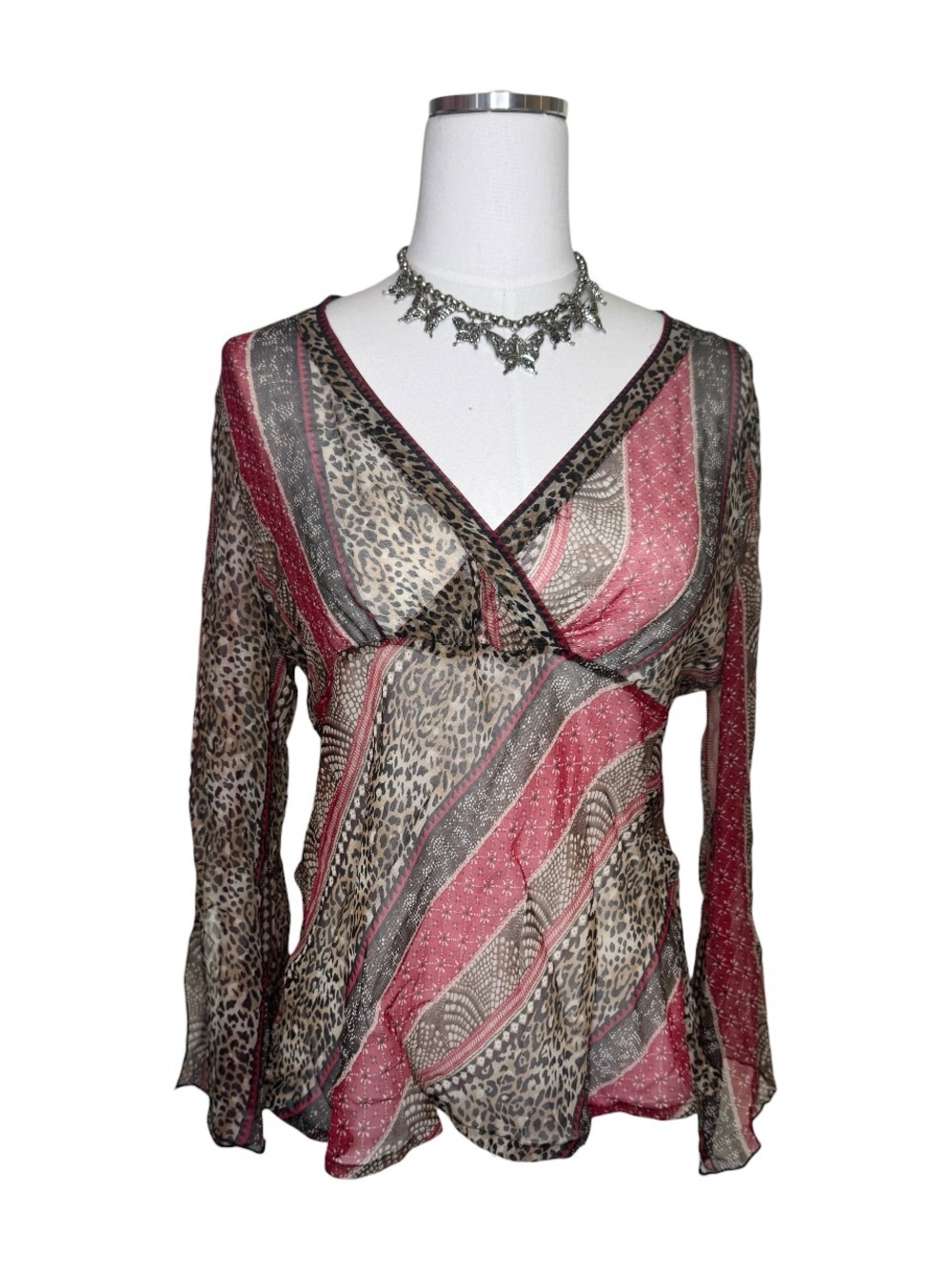 Y2K Allison Taylor Sheer Red Leopard Print Silk Flare Sleeve Blouse Size Large